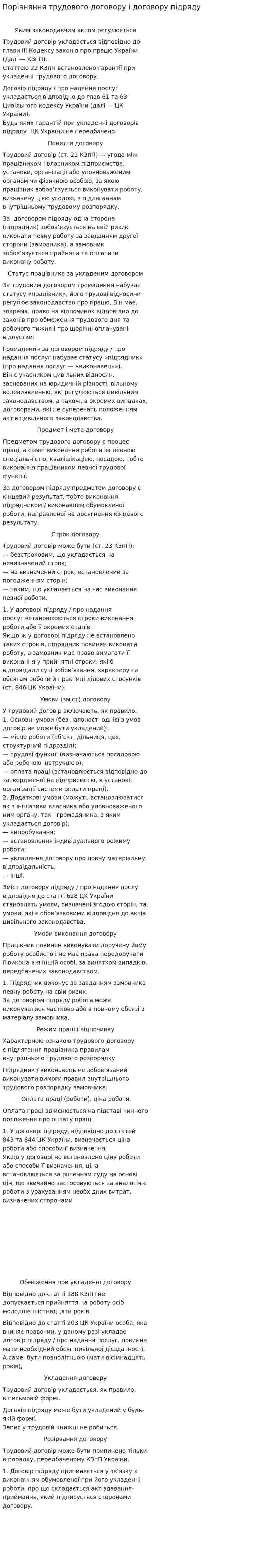 Порівняння трудового договору і договору підряду