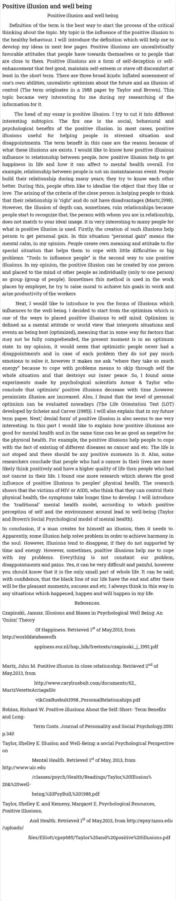 Positive illusion and well being