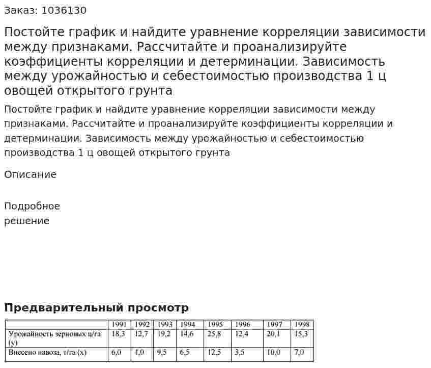 Постойте график и найдите уравнение корреляции зависимости между признаками. Рассчитайте и проанализируйте коэффициенты корреляции и детерминации. Зависимость между урожайностью и себестоимостью производства 1 ц овощей открытого грунта 