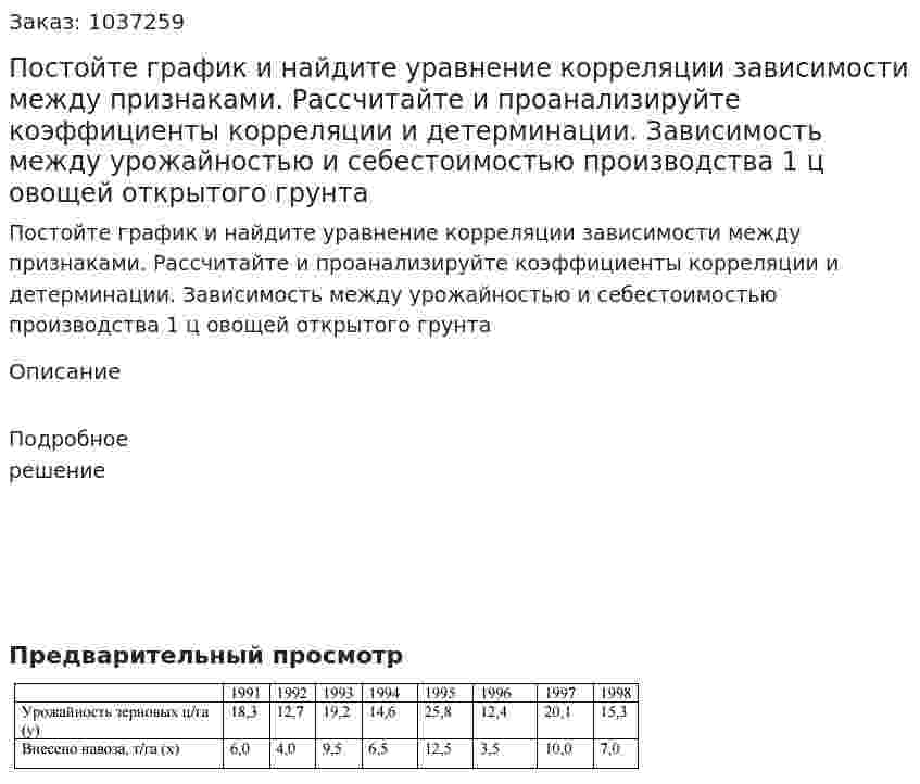 Постойте график и найдите уравнение корреляции зависимости между признаками. Рассчитайте и проанализируйте коэффициенты корреляции и детерминации. Зависимость между урожайностью и себестоимостью производства 1 ц овощей открытого грунта 