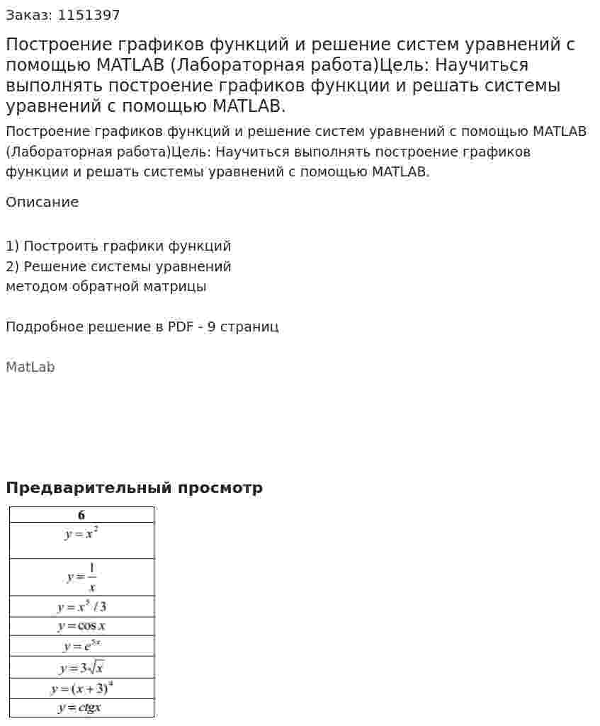 Построение графиков функций и решение систем уравнений c помощью MATLAB (Лабораторная работа)Цель: Научиться выполнять построение графиков функции и решать системы  уравнений с помощью MATLAB. 