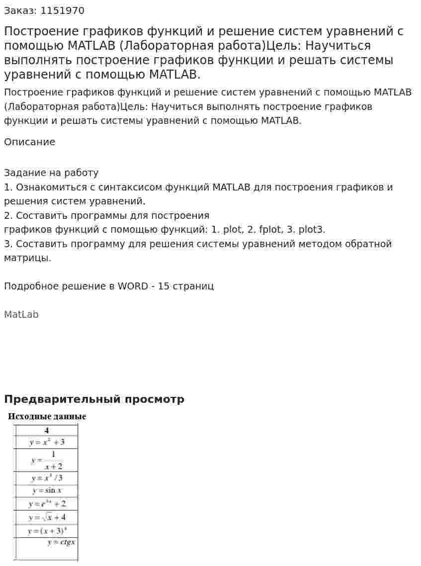 Построение графиков функций и решение систем уравнений c помощью MATLAB (Лабораторная работа)Цель: Научиться выполнять построение графиков функции и решать системы  уравнений с помощью MATLAB. 
