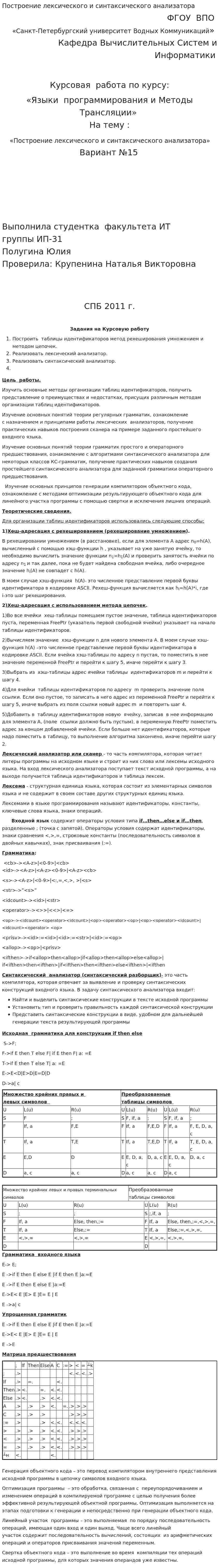 Построение лексического и синтаксического анализатора