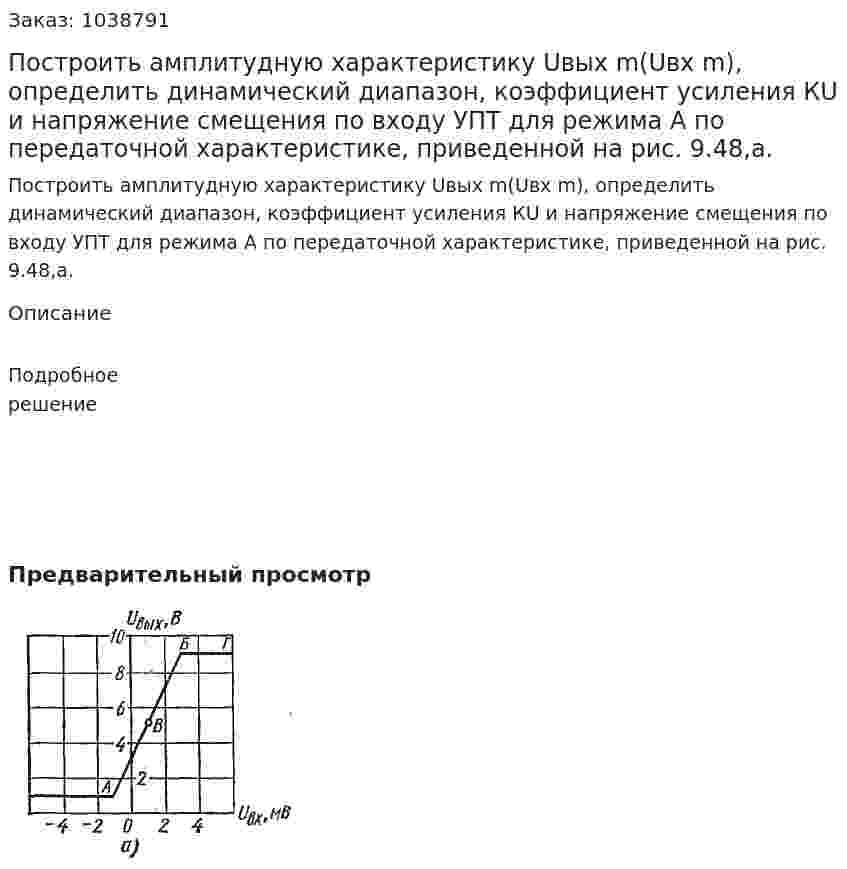 Построить амплитудную характеристику Uвых m(Uвх m), определить динамический диапазон, коэффициент усиления КU и напряжение смещения по входу УПТ для режима А по передаточной характеристике, приведенной на рис. 9.48,а. 