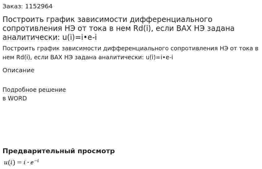 Построить график зависимости дифференциального сопротивления НЭ от тока в нем Rd(i), если ВАХ НЭ задана аналитически: u(i)=i•e-i 