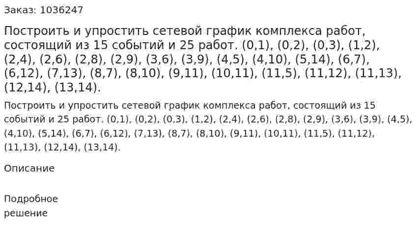 Построить и упростить сетевой график комплекса работ, состоящий из 15 событий и 25 работ. (0,1), (0,2), (0,3), (1,2), (2,4), (2,6), (2,8), (2,9), (3,6), (3,9), (4,5), (4,10), (5,14), (6,7), (6,12), (7,13), (8,7), (8,10), (9,11), (10,11), (11,5), (11,12), (11,13), (12,14), (13,14). 