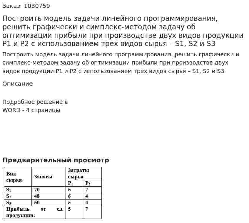 Построить модель задачи линейного программирования, решить графически и симплекс-методом задачу об оптимизации прибыли при производстве двух видов продукции P1 и P2 с использованием трех видов сырья – S1, S2 и S3 
