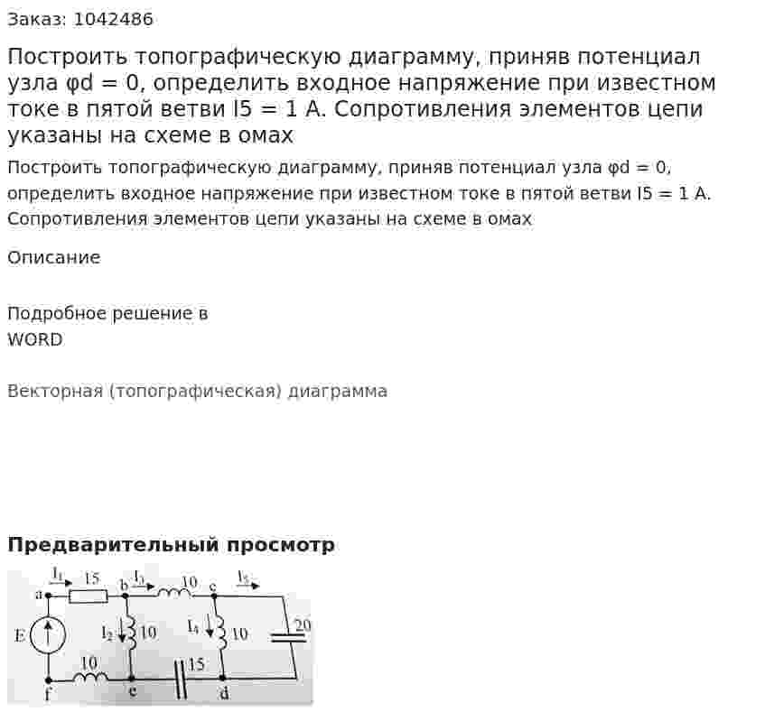Построить топографическую диаграмму, приняв потенциал узла φd = 0, определить входное напряжение при известном токе в пятой ветви I5 = 1 А. Сопротивления элементов цепи указаны на схеме в омах 