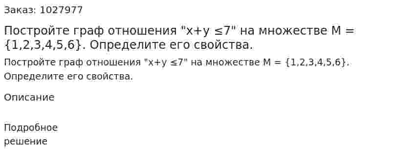 Постройте граф отношения "x+y ≤7" на множестве М = {1,2,3,4,5,6}. Определите его свойства. 