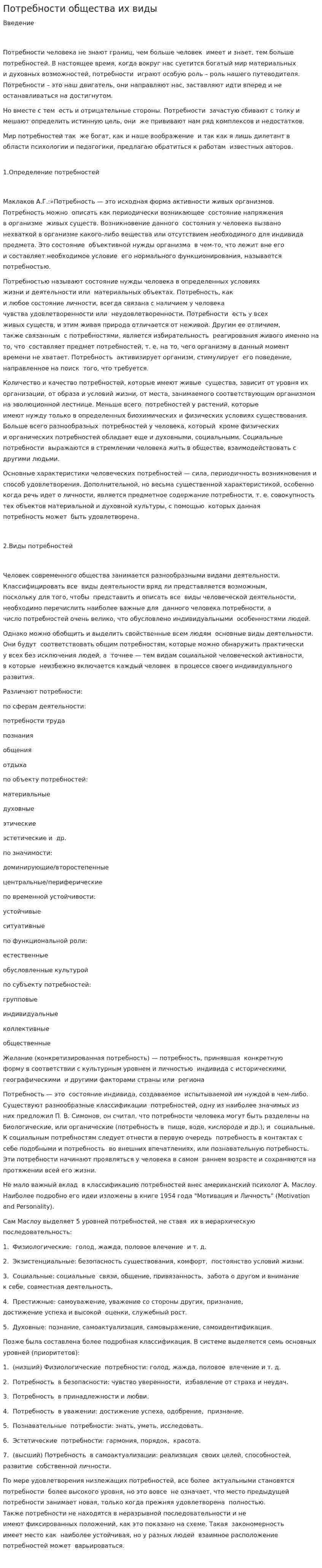 Потребности общества их виды