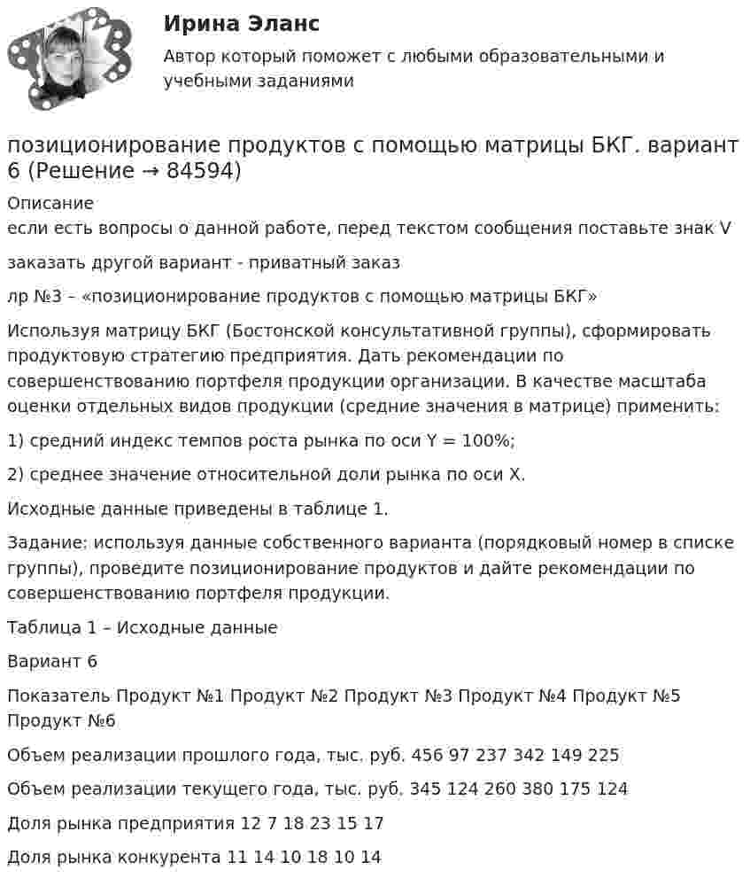     
            Описание
            если есть вопросы о данной работе, перед текстом сообщения поставьте знак Vзаказать другой вариант - приватный заказлр №3 – «позиционирование продуктов с помощью матрицы БКГ» 	Используя матрицу БКГ (Бостонской консультативной группы), сформировать продуктовую стратегию предприятия. Дать рекомендации по совершенствованию портфеля продукции организации. В качестве масштаба оценки отдельных видов продукции (средние значения в матрице) применить:1)     средний индекс темпов роста рынка по оси Y = 100%;2)     среднее значение относительной доли рынка по оси X.	Исходные данные приведены в таблице 1. 	Задание: используя данные собственного варианта (порядковый номер в списке группы), проведите позиционирование продуктов и дайте рекомендации по совершенствованию портфеля продукции.Таблица 1 – Исходные данныеВариант 6  Показатель Продукт №1 Продукт №2 Продукт №3 Продукт №4 Продукт №5 Продукт №6   Объем реализации прошлого года, тыс. руб. 456 97 237 342 149 225   Объем реализации текущего года, тыс. руб. 345 124 260 380 175 124   Доля рынка предприятия 12 7 18 23 15 17   Доля рынка конкурента 11 14 10 18 10 14   
            
            
            ПОЗИЦИОНИРОВАНИЕ КОМПАНИИ С ПОМОЩЬЮ МАТРИЦЫ МАККИНСИ. вариант 6позиционирование продуктов с помощью матрицы БКГ. вариант 6Позиционирование товара на российском рынкеПозиция психотерапевта в поведенческой психотерапииПозиция человека в обществе, связанная с определенными правами и обязанностями, называется социальным … Познавательная и профессиональная самореализация педагогаПознавательное и речевое развитие детей дошкольного возраста в условиях реализации ФГОС ДО (НИИ ДПО)Пожилые люди как объект социальной работыПо заданной вольт-амперной или вебер-амперной характеристике электротехнического устройства построить математическую модель преобразования электрических параметров в устройстве. По построенной математической модели построить Simulink-модель преобразования электрических параметров в устройстве.По замкнутой цепи с сопротивлением R = 20 Ом течет ток. Через время t = 8 мс после размыкания цепи сила тока в ней уменьшилась в 20 раз. Определить индуктивность L цепи.Поза человека, отраженная на рисунке ниже, свидетельствует … [12345.PNG] Позитив в жизни Бывает в жизни моменты у человека, когда кажется, что мир рухнулПозитивизм О. Конта и г. СпенсераПозитивная психология и отношения