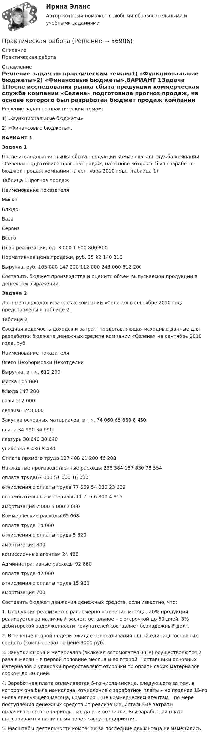     
            Описание
            Практическая работа 
            Оглавление
            Решение задач по практическим темам:1) «Функциональные бюджеты»2) «Финансовые бюджеты».ВАРИАНТ 1Задача 1После исследования рынка сбыта продукции коммерческая служба компании «Селена» подготовила прогноз продаж, на основе которого был разработан бюджет продаж компании на сентябрь 2010 года (таблица 1)Таблица 1Прогноз продаж  Наименование показателя Миска Блюдо Ваза Сервиз Всего   План реализации, ед. 3 000 1 600 800 800     Нормативная цена продажи, руб. 35 92 140 310     Выручка, руб. 105 000 147 200 112 000 248 000 612 200   Составить бюджет производства и оценить объём выпускаемой продукции в денежном выражении. Задача 2Данные о доходах и затратах компании «Селена» в сентябре 2010 года представлены в таблице 2.Таблица 2Сводная ведомость доходов и затрат, представляющая исходные данные для разработки бюджета денежных средств компании «Селена» на сентябрь 2010 года, руб.   Наименование показателя Всего Цехформовки Цехотделки    Выручка, в т.ч. 612 200       миска 105 000       блюда 147 200     вазы 112 000     сервизы 248 000     Закупка основных материалов, в т.ч. 74 060 65 630 8 430   глина 34 990 34 990     глазурь 30 640 30 640     упаковка 8 430  8 430   Оплата прямого труда 137 408 91 200 46 208   Накладные производственные расходы 236 384 157 830 78 554   оплата труда67 000 51 000 16 000   отчисления с оплаты труда 77 669 54 030 23 639   вспомогательные материалы11 715 6 800 4 915   амортизация 7 000 5 000 2 000   Коммерческие расходы 65 608       оплата труда 14 000       отчисления с оплаты труда 5 320     амортизация 800       комиссионные агентам 24 488     Административные расходы 92 660     оплата труда 42 000     отчисления с оплаты труда 15 960     амортизация 700Составить бюджет движения денежных средств, если известно, что:1. Продукция реализуется равномерно в течение месяца. 20% продукции реализуется за наличный расчет, остальное – с отсрочкой до 60 дней. 3% дебиторской задолженности покупателей составляет безнадежный долг.2. В течение второй недели ожидается реализация одной единицы основных средств (компьютера) по цене 3000 руб.3. Закупки сырья и материалов (включая вспомогательные) осуществляются 2 раза в месяц – в первой половине месяца и во второй. Поставщики основных материалов и упаковки предоставляют отсрочки по оплате своих материалов сроком до 30 дней.4. Заработная плата оплачивается 5-го числа месяца, следующего за тем, в котором она была начислена, отчисления с заработной платы – не позднее 15-го числа следующего месяца, комиссионные коммерческим агентам – по мере поступления денежных средств от реализации, остальные затраты оплачиваются в те периоды, когда они возникли. Вся заработная плата выплачивается наличными через кассу предприятия.5. Масштабы деятельности компании за последние два месяца не изменились.  
            
            
            Практическая работаПрактическая работаПрактическая работаПрактическая работаПрактическая работаПрактическая работа ПРАКТИЧЕСКАЯ РАБОТАпрактическая работа практическая работа практическая работа Практическая работаПрактическая работаПрактическая работаПрактическая работа