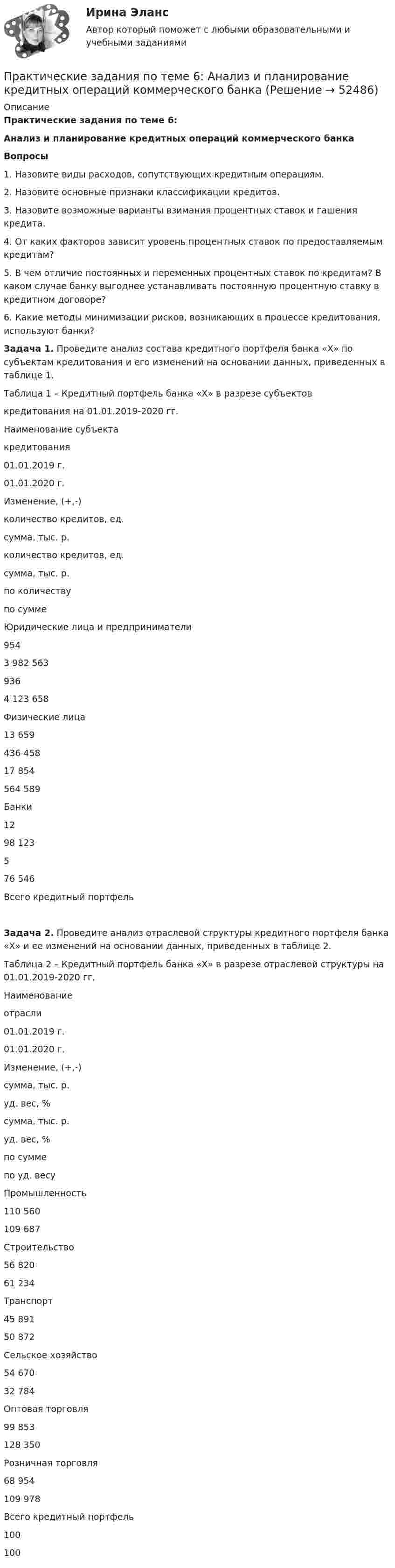     
            Описание
            Практические задания по теме 6:Анализ и планирование кредитных операций коммерческого банкаВопросы1. Назовите виды расходов, сопутствующих кредитным операциям.2. Назовите основные признаки классификации кредитов.3. Назовите возможные варианты взимания процентных ставок и гашения кредита.4. От каких факторов зависит уровень процентных ставок по предоставляемым кредитам?5. В чем отличие постоянных и переменных процентных ставок по кредитам? В каком случае банку выгоднее устанавливать постоянную процентную ставку в кредитном договоре?6. Какие методы минимизации рисков, возникающих в процессе кредитования, используют банки?Задача 1. Проведите анализ состава кредитного портфеля банка «Х» по субъектам кредитования и его изменений на основании данных, приведенных в таблице 1.Таблица 1 – Кредитный портфель банка «Х» в разрезе субъектовкредитования на 01.01.2019-2020 гг.Наименование субъектакредитования01.01.2019 г.01.01.2020 г.Изменение, (+,-)количество кредитов, ед.сумма, тыс. р.количество кредитов, ед.сумма, тыс. р.по количествупо суммеЮридические лица и предприниматели9543 982 5639364 123 658Физические лица13 659436 45817 854564 589Банки1298 123576 546Всего кредитный портфельЗадача 2. Проведите анализ отраслевой структуры кредитного портфеля банка «Х» и ее изменений на основании данных, приведенных в таблице 2.Таблица 2 – Кредитный портфель банка «Х» в разрезе отраслевой структуры на 01.01.2019-2020 гг.Наименованиеотрасли01.01.2019 г.01.01.2020 г.Изменение, (+,-)сумма, тыс. р.уд. вес, %сумма, тыс. р.уд. вес, %по суммепо уд. весуПромышленность110 560109 687Строительство56 82061 234Транспорт45 89150 872Сельское хозяйство54 67032 784Оптовая торговля99 853128 350Розничная торговля68 954109 978Всего кредитный портфель100100  
            
            
            ПРАКТИЧЕСКИЕ ЗАДАНИЯ ПО ПРОКУРОРСКОМУ НАДЗОРУПрактические задания по теме 6: Анализ и планирование кредитных операций коммерческого банкаПрактические задания по теме 6: Анализ и планирование кредитных операций коммерческого банкаПрактические задания по теме «Методика NUMBER SPACE»Практические задания по теме «Технология работы с базами данных»Практические задания по учебной дисциплине: «Экологическое право»ПРАКТИЧЕСКИЕ ЗАДАНИЯ по учебному курсу Прокурорский надзор 1,2,3,4Практические задания по Основе проектной деятельности Россдистант!практические задания по основы самообразованияПрактические задания по предмету Гражданское право 4 (Росдистант)Практические задания по предмету Логистика 1-6 / ТГУ (РОСДИСТАНТ)Практические задания по предмету Уголовное процесс 3 (Росдистант)Практические задания по производственная санитария и гигиенаПрактические задания по производственной безопасности россдитант
