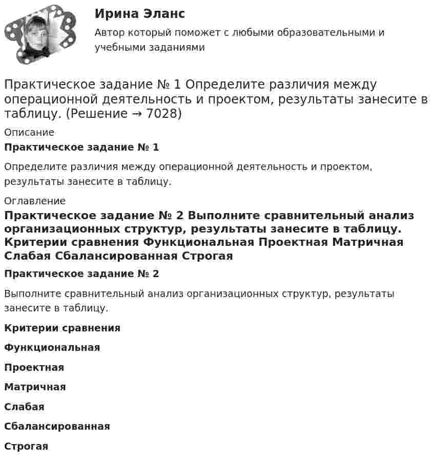      
          Описание
           Практическое задание № 1 	Определите различия между операционной деятельность и проектом, результаты занесите в таблицу.  
          Оглавление
          Практическое задание № 2 	 Выполните сравнительный анализ организационных структур, результаты занесите в таблицу.  Критерии сравнения Функциональная Проектная Матричная Слабая Сбалансированная Строгая  
            
            
            ПРАКТИЧЕСКОЕ ЗАДАНИЕ № 1 (Налоговое право) росдистант ТГУПрактическое задание № 1  Определите различия между операционной деятельность и проектом, результаты занесите в таблицу.Практическое задание №1 по гражданскому праву 2 (Росдистант)Практическое задание №1 по дисциплине «Экологическое право»ПРАКТИЧЕСКОЕ ЗАДАНИЕ №_1_ по курсу «Формирование оптимального налогового учета и отчетности» ПРАКТИЧЕСКОЕ ЗАДАНИЕ № 1  по учебному курсу «Административное право 1»ПРАКТИЧЕСКОЕ ЗАДАНИЕ № 1 по учебному курсу «Административное право 2» 	Практическое задание № 1Практическое задание №1ПРАКТИЧЕСКОЕ ЗАДАНИЕ № 1Практическое задание №1 1.Нарисуйте структурные схемы предмета: «Юридическая психология» по В.Л.Васильеву и А.М.Столяренко. Сравните схемы и дайте заключение: в чем их принципиальное отличие и сходство.Практическое задание №1-3 «Преобразовательные установки систем электроснабжения» ВАРИАНТ 4 РОСДИСТАНТПрактическое задание №1, Задание №2, Трудовое право 2, Росдистан, ТГУ, СинергияПРАКТИЧЕСКОЕ ЗАДАНИЕ № 1  и 2