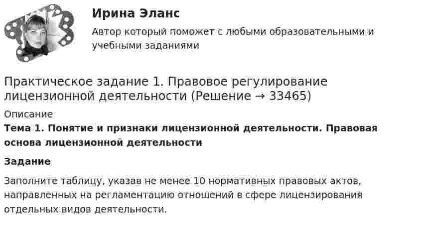      
          Описание
          Тема 1. Понятие и признаки лицензионной деятельности. Правовая основа лицензионной деятельности Задание	 Заполните таблицу, указав не менее 10 нормативных правовых актов, направленных на регламентацию отношений в сфере лицензирования отдельных видов деятельности.  
            
            
            Практическое задание 1 Правовое регулирование антикоррупционной деятельностиПрактическое задание 1. Правовое регулирование лицензионной деятельностиПрактическое задание 1 Произвести расчёт веса отливки, размеров модели для детали, указанной на рисунке. Начертить эскиз модели для изготовления отливки.Практическое задание 1 Раздел 1 АППКК Педагогика и психология дошкольного образования. Педагогика начального образования. Воспитатель детей дошкольного возраста. Учитель начальных классов» (1170 ч.)Практическое задание 1  Расчет цепной передачиПрактическое задание 1 Создание, редактирование, форматирование документа Microsoft Word версии 2007. Порядок выполнения задания 1. Создать новый документ, установив параметры страницы документа: все поля – по 2 см, ориентация страницы – книжная. 2. Создать верхний колонтитул, ввести свою фамилию и инициалы.ПРАКТИЧЕСКОЕ ЗАДАНИЕ 1 Таблица 1.1 – Исходные данные для варианта №5 Категория Значение На стадии создания бизнеса 1. Вложения в основные средства и нематериальные активы анализируемого бизнес, руб. 2500000 2. Вложения в оборотные средства, руб. 900000Практическое задание 1. Источники поиска кандидатовПрактическое задание 1 К теме «Макроэкономика: содержание и задачи. Макроэкономические показатели»Практическое задание 1/Механика грунтов/Вариант 10Практическое задание 1/ Механика жидкости и газа/Вариант 9 ПРАКТИЧЕСКОЕ ЗАДАНИЕ 1 (ответы)практическое задание 1 по криминологииПрактическое задание 1 по Механике 3. Структура механизмов