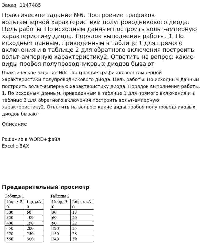 Практическое задание №6. Построение графиков вольтамперной характеристики полупроводникового диода. Цель работы: По исходным данным построить вольт-амперную характеристику диода. Порядок выполнения работы. 1.	По исходным данным, приведенным в таблице 1 для прямого включения и в таблице 2 для обратного включения построить вольт-амперную характеристику2.	Ответить на вопрос: какие виды пробоя полупроводниковых диодов бывают 