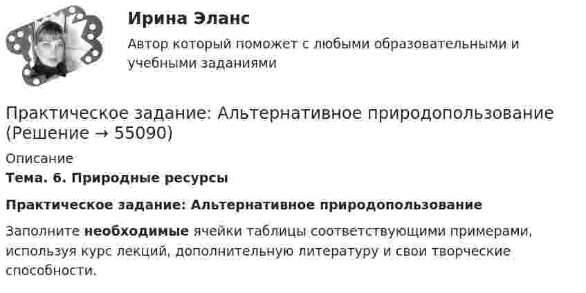      
            Описание
            Тема. 6. Природные ресурсыПрактическое задание: Альтернативное природопользованиеЗаполните необходимые ячейки таблицы соответствующими примерами, используя курс лекций, дополнительную литературу и свои творческие способности.   
            
            
            Практическое задание - Административное право (1/1) для ММУПрактическое задание: Альтернативное природопользованиеПрактическое задание: Альтернативное природопользование Заполните необходимые ячейки таблицы соответствующими примерами, используя курс лекций, дополнительную литературу и свои творческие способности.Практическое задание «Анализ финансового состояния предприятия» ПАО «ГАЗПРОМ»Практическое задание «Анализ финансового состояния предприятия» ПАО «ГАЗПРОМ»Практическое задание - Анатомия центральной нервной системы (1/1) - для ММУПрактическое задание -  Английская и американская литература (1/1) - для ММУПРАКТИЧЕСКОЕ ЗАДАНИЕ № 5  •	по учебному курсу «Управление капиталом» (наименование учебного курса)  Вариант «Рассчитайте точку безубыточности, если размер выручки от продаж»ПРАКТИЧЕСКОЕ ЗАДАНИЕ № 6  по учебному курсу «Информационное право»ПРАКТИЧЕСКОЕ ЗАДАНИЕ № 6  •	по учебному курсу «Управление капиталом»ПРАКТИЧЕСКОЕ ЗАДАНИЕ № 6  •	по учебному курсу «Финансовый контроллинг»ПРАКТИЧЕСКОЕ ЗАДАНИЕ № по учебному курсу «Уголовное право 1»Практическое задание - Аддиктология и методы контраддиктивной стимуляции (1/1) - для ММУПрактическое задание - Административное право (1/1) - для ММУ