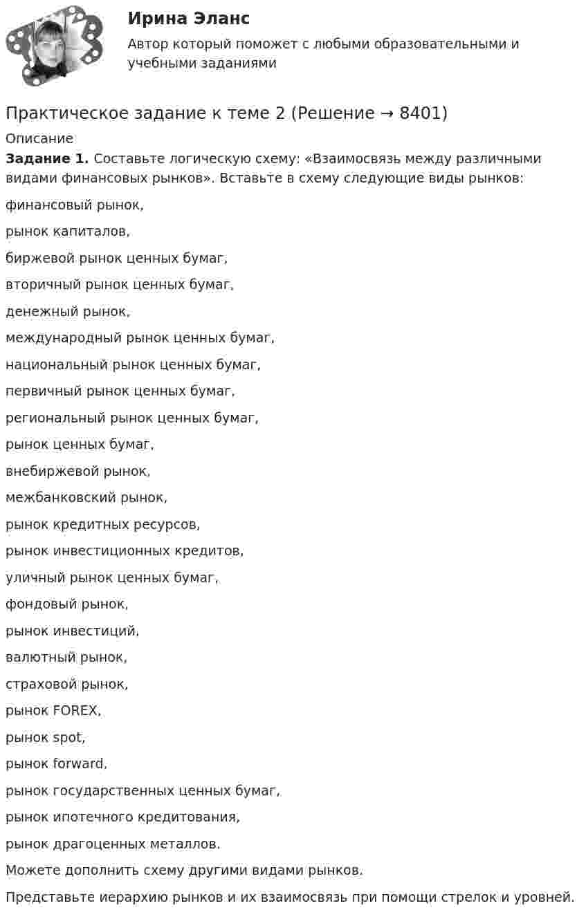      
          Описание
           Задание 1. Составьте логическую схему: «Взаимосвязь между различными видами финансовых рынков». Вставьте в схему следующие виды рынков: 	финансовый рынок, 	рынок капиталов, 	биржевой рынок ценных бумаг, 	вторичный рынок ценных бумаг, 	денежный рынок, 	международный рынок ценных бумаг, 	национальный рынок ценных бумаг, 	первичный рынок ценных бумаг, 	региональный рынок ценных бумаг, 	рынок ценных бумаг, 	внебиржевой рынок, 	межбанковский рынок, 	рынок кредитных ресурсов, 	рынок инвестиционных кредитов, 	уличный рынок ценных бумаг, 	фондовый рынок, 	рынок инвестиций, 	валютный рынок, 	страховой рынок, 	рынок FOREX, 	рынок spot, 	рынок forward, 	рынок государственных ценных бумаг, 	рынок ипотечного кредитования, 	рынок драгоценных металлов.	Можете дополнить схему другими видами рынков.	Представьте иерархию рынков и их взаимосвязь при помощи стрелок и уровней.          
            
            
            Практическое задание к теме 2Практическое задание к теме 2 Практическое задание к теме 2 Используя данные таблиц 1-5, исчислите величину налоговых обязательств по всем отчетным периодам в течение одного календарного года, заполните налоговые декларации: • по налогу на добавленную стоимость; • налогу на прибыль организаций;Практическое задание к теме 2 Методологические основы составления и оформления документов в гостиничной деятельности Оформите реквизит «Подпись» в служебных письмах гостиницы «Турист» (генеральный директор А.С. Пономарёва, главный бухгалтер Е.М. Крымова) для следующих случаев:Практическое задание к теме 2 Организационные структуры управления в организациях общественного питания Составить организационную структуру управления для предприятия общественного питания, занимающегося производством, реализацией и сбытом собственной продукции.Практическое задание к теме 2 «Особенности контроля качества непродовольственных товаров»Практическое задание к теме 2 Факторы, способствующие развитию корпоративной этики и социальной ответственности в индустрии гостеприимства «Выборы руководителя». Исходя из условия игрового задания, студенту необходимо: 1) подготовить список деловых качеств, необходимых на данной должностной позиции; 2) в результате самоанализа отметить наличие или отсутствие данных качеств у себя; 3) составить «предвыборную речь», в которой обосновывается заявка на должность руководителя.Практическое задание - Криминалистика (1/1) для ММУПрактическое задание - Криминалистика (1/1) для ММУПрактическое задание - Криминология (1/1) для ММУПрактическое задание к темам  6-7 «Фьючерсная торговля на товарных биржах.  Хеджирование и биржевая спекуляция»Практическое задание к теме 1  «Основы товароведения непродовольственных товаров»Практическое задание к теме 1 «Основы товароведения продовольственных товаров» Цель задания:  научиться работать с текстом лекций, справочной учебной литературой и нормативной документацией;  научиться систематизировать и обобщать информацию Описание практического задания:	Практическое задание к теме 2 