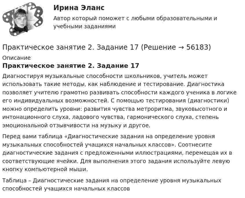      
            Описание
            Практическое занятие 2. Задание 17Диагностируя музыкальные способности школьников, учитель может использовать такие методы, как наблюдение и тестирование. Диагностика позволяет учителю грамотно развивать способности каждого ученика в логике его индивидуальных возможностей. С помощью тестирования (диагностики) можно определить уровни: развития чувства метроритма, звуковысотного и интонационного слуха, ладового чувства, гармонического слуха, степень эмоциональной отзывчивости на музыку и другое.Перед вами таблица «Диагностические задания на определение уровня музыкальных способностей учащихся начальных классов». Соотнесите диагностические задания с предложенными иллюстрациями, перемещая их в соответствующие ячейки. Для выполнения этого задания используйте левую кнопку компьютерной мыши.Таблица – Диагностические задания на определение уровня музыкальных способностей учащихся начальных классов   
            
            
            Практическое занятие 2. Задание 1, 4-6, 8 НСПКПрактическое занятие 2. Задание 17Практическое занятие 2. Задание 2Практическое занятие 2. Задание 2Практическое занятие 2. Задание 3Практическое занятие 2. Задание 3 НСПКПрактическое занятие 2. Задание 4Практическое занятие 2Практическое занятие 2. Выбор вопросов для проведения личного интервью с кандидатамиПрактическое занятие 2 (Для девушек) ОБЖПрактическое занятие 2. Задание 1Практическое занятие 2. Задание 1Практическое занятие 2. Задание 10Практическое занятие 2. Задание 11