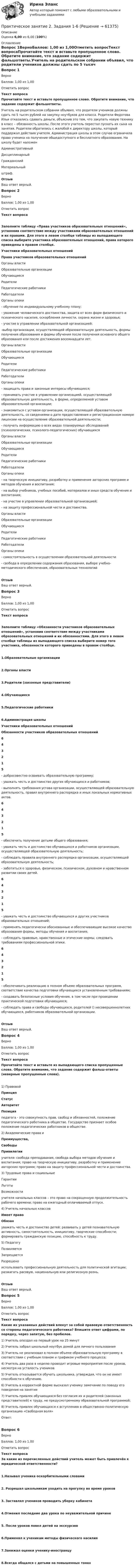      
            Описание
            Оценка 6,00 из 6,00 (100%) 
            Оглавление
            Вопрос 1ВерноБаллов: 1,00 из 1,00Отметить вопросТекст вопросаПрочитайте текст и вставьте пропущенное слово. Обратите внимание, что задание содержит фальшответы.Учитель на родительском собрании объявил, что родители учеников должны сдать по 5 тысяч рублей на закупку ноутбуков для класса. Родители Федотова Ильи отказались сдавать деньги, объяснив это тем, что закупать новую технику в класс – обязанность школы. После этого учитель перестал пускать их сына на занятия. Родители обратились с жалобой к директору школы, который поддержал действия учителя. Администрация школы в этом случае ограничила право ученика на получение общедоступного и бесплатного образования. На школу будет наложен  АдминистративныйДисциплинарныйГражданскийМатериальный  штраф.  ОтзывВаш ответ верный.Вопрос 2ВерноБаллов: 1,00 из 1,00Отметить вопросТекст вопросаЗаполните таблицу «Права участников образовательных отношений», установив соответствие между участниками образовательных отношений и их правами. Для этого в левом столбце таблицы из выпадающего списка выберите участника образовательных отношений, права которого приведены в правом столбце.Участники образовательных отношенийПрава участников образовательных отношений Органы властиОбразовательные организацииОбучающиесяРодители Педагогические работникиРаботодателиОрганы опеки - обучение по индивидуальному учебному плану;- уважение человеческого достоинства, защита от всех форм физического и психического насилия, оскорбления личности, охрана жизни и здоровья;- участие в управлении образовательной организацией;-выбор организации, осуществляющей образовательную деятельность, формы получения образования и формы обучения после получения основного общего образования или после достижения восемнадцати лет.  Органы властиОбразовательные организацииОбучающиесяРодители Педагогические работникиРаботодателиОрганы опеки - защищать права и законные интересы обучающихся;- принимать участие в управлении организацией, осуществляющей образовательную деятельность, в форме, определяемой уставом образовательной организации;- знакомиться с уставом организации, осуществляющей образовательную деятельность, со сведениями о дате предоставления и регистрационном номере лицензии на осуществление образовательной деятельности;- получать информацию о всех видах планируемых обследований (психологических, психолого-педагогических) обучающихся Органы властиОбразовательные организацииОбучающиесяРодители Педагогические работникиРаботодателиОрганы опеки - на творческую инициативу, разработку и применение авторских программ и методов обучения и воспитания;- на выбор учебников, учебных пособий, материалов и иных средств обучения и воспитания;- на участие в управлении образовательной организацией; - на защиту профессиональной чести и достоинства. Органы властиОбразовательные организацииОбучающиесяРодители Педагогические работникиРаботодателиОрганы опеки - самостоятельность в осуществлении образовательной деятельности- свобода в определении содержания образования, выборе учебно-методического обеспечения, образовательных технологий ОтзывВаш ответ верный.Вопрос 3ВерноБаллов: 1,00 из 1,00Отметить вопросТекст вопросаЗаполните таблицу «Обязанности участников образовательных отношений», установив соответствие между участниками образовательных отношений и их обязанностями. Для этого в левом столбце таблицы из выпадающего списка выберите номер того участника, обязанности которого приведены в правом столбце.1.Образовательные организации2.Органы власти 3.Родители (законные представители) 4.Обучающиеся 5.Педагогические работники  6.Администрация школы  Участники образовательных отношенийОбязанности участников образовательных отношений 643215 - добросовестно осваивать образовательную программу;- уважать честь и достоинство других обучающихся и работников;- выполнять требования устава организации, осуществляющей образовательную деятельность, правил внутреннего распорядка и иных локальных нормативных актов. 643215 - обеспечить получение детьми общего образования;- уважать честь и достоинство обучающихся и работников организации, осуществляющей образовательную деятельность;- соблюдать правила внутреннего распорядка организации, осуществляющей образовательную деятельность;- заботиться о здоровье, физическом, психическом, духовном и нравственном развитии своих детей. 643215 - уважать честь и достоинство обучающихся и других участников образовательных отношений;- применять педагогически обоснованные и обеспечивающие высокое качество образования формы, методы обучения и воспитания;- соблюдать правовые, нравственные и этические нормы, следовать требованиям профессиональной этики. 643215 - обеспечивать реализацию в полном объеме образовательных программ, соответствие качества подготовки обучающихся установленным требованиям;- создавать безопасные условия обучения, в том числе при проведении практической подготовки обучающихся;- соблюдать права и свободы обучающихся, родителей () несовершеннолетних обучающихся, работников образовательной организации.ОтзывВаш ответ верный.Вопрос 4ВерноБаллов: 1,00 из 1,00Отметить вопросТекст вопросаПрочитайте текст и вставьте из выпадающего списка пропущенные слова. Обратите внимание, что задание содержит фальш-ответы (неверные пропущенные слова).1) Правовой  ПринципСтатусАвторитетПозиция педагога - это совокупность прав, свобод и обязанностей, положение педагогического работника в обществе. Государство признает особое положение педагогических работников в обществе.2)  Академические права и  Преимущества,СвободыПривилегии учителя: свобода преподавания, свобода выбора методов обучения и воспитания; право на творческую инициативу, разработку и применение авторских программ; право на защиту профессиональной чести и достоинства.3) Трудовые права и социальные  ГарантииЛьготыВозможности  учителя начальных классов – это право на сокращенную продолжительность рабочего времени; право на ежегодный оплачиваемый отпуск.4)  Учитель начальных классов  Имеет правоОбязан  уважать честь и достоинство детей; развивать у детей познавательную активность, самостоятельность, инициативу, творческие способности; формировать гражданскую позицию, способность к труду.5)  Педагогу  ПозволяетсяЗапрещаетсяРазрешено  использовать профессиональную деятельность для политической агитации; разжигать расовую, национальную или религиозную рознь.ОтзывВаш ответ верный.Вопрос 5ВерноБаллов: 1,00 из 1,00Отметить вопросТекст вопросаКакие их указанных действий влекут за собой правовую ответственность со стороны педагогического работника? Впишите ответ цифрами, по порядку, через запятую, без пробелов.1)      Учитель опоздал на первый урок на 25 минут2)      Учитель забрал школьный ноутбук домой для личного пользования3)    Учитель не реализовал в полном объеме образовательную программу в соответствии с учебным планом и графиком учебного процесса;4)     Учитель два раза в неделю проводит игровые мероприятия после уроков, несмотря на усталость учеников5)      Учитель отказывается обучать школьника, утверждая, что он не имеет способности к обучению.6)      Учитель в корректной форме высказал ученику замечание по поводу его поведения на занятии7)      Учитель привлек обучающихся без согласия их и родителей (законных представителей) к труду, не предусмотренному образовательной программой;8)      Учитель привлек обучающихся к вступлению в общественно-политическую организацию «Свободная воля»  Ответ:Вопрос 6ВерноБаллов: 1,00 из 1,00Отметить вопросТекст вопросаЗа какие из перечисленных действий учитель может быть привлечён к юридической ответственности? 1.Называл ученика оскорбительными словами2. Разрешал школьникам уходить на прогулку во время уроков3. Заставлял учеников проводить уборку кабинета 4.Отменил последние два урока по неуважительной причине5. После уроков повел детей на экскурсию 6.Применял к ученикам методы физического насилия7.Занижал оценки ученику-иностранцу8.Всегда общался с детьми на повышенных тонах    
            
            
            Практическое занятие 2. Задания 1 - 5. Методика обучения продуктивным видам деятельности с практикумом (КП)Практическое занятие 2. Задания 1-6 Практическое занятие 2. Задания 1 - 6, 8, 10 Государственные, муниципальные архивы и архивы организаций (ДОУА)Практическое занятие 2. Задания 1 - 6, 8, 10. ГОСУДАРСТВЕННЫЕ, МУНИЦИПАЛЬНЫЕ АРХИВЫ И АРХИВЫ ОРГАНИЗАЦИЙ (ДОУА)Практическое занятие 2. Задания 2-5, 7-8 Русский язык и культура речи (ДОУА, ББЛ, ПНК, ДО, ПДО, СР, 1 часть)Практическое занятие 2. Задания 4, 6, 9Практическое занятие 2. Задания 4-7Практическое занятие 2.Задание 9. Согласно  правилам организации хранения, комплектования, учёта и использования документов Архивного фонда Российской Федерации и других архивных документов в государственных и муниципальных Практическое занятие 2. Задание 9. Теоретические и методические основы физического воспитания и развития детей раннего и дошкольного возрастаПрактическое занятие 2. Задания 1-10. ОБЕСПЕЧЕНИЕ СОХРАННОСТИ ДОКУМЕНТОВ (ДОУА, 1 ЧАСТЬ) НСПКПрактическое занятие 2. Задания 1-10. Теоретические основы организации обучения в начальных классах (ПНК)Практическое занятие 2. Задания 1, 2, 5, 8 Информатика и информационно-коммуникационные технологии в профессиональной деятельностиПрактическое занятие 2. Задания 1, 3-5,7-8Практическое занятие 2. Задания 1 - 3, 5 Формы и методы организации внеурочной деятельности и общения младших школьников (ПНК)