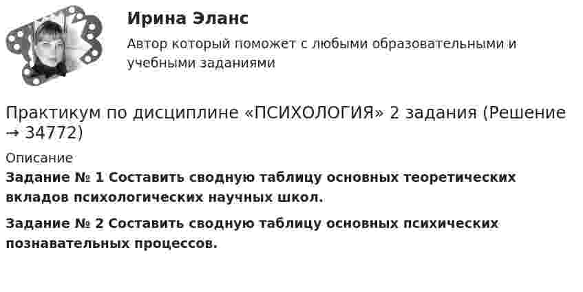      
          Описание
          Задание № 1 Составить сводную таблицу основных теоретических вкладов психологических научных школ.Задание № 2 Составить сводную таблицу основных психических познавательных процессов.     
            
            
            Практикум по дисциплине ПсиходиагностикаПрактикум по дисциплине «ПСИХОЛОГИЯ» 2 заданияПрактикум по исчислению и уплате налогов и сборовПрактикум по исчислению и уплате налогов и сборов (Синергия, 97 баллов)Практикум по исчислению и уплате налогов и сборов тест Синергия (все ответы 90/100 баллов) Итоговый тест Экзамен ОтличноПрактикум по исчислению и уплате налогов и сборов.фэ_БАК ( ответы на тест Синергия💯 Практикум по исчислению и уплате налогов и сборов.фэ_БАК (ответы на тест Синергия / МОИ / МТИ / МосАП, сентябрь 2023)Практикум делового обращенияпрактикум по АД полицииПрактикум по бурению скважинПрактикум по гражданскому процессу Практикум подготовки юридических документов ММУ 2023г.Практикум подготовки юридических документов. Практическое задание. ММУ.ПРАКТИКУМ ПО ДЕТСКОЙ ПАТОПСИХОЛОГИИ