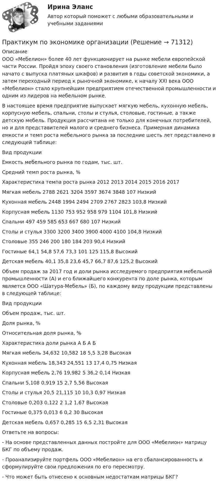     
            Описание
            	ООО «Мебелион» более 40 лет функционирует на рынке мебели европейской части России. Пройдя эпоху своего становления (изготовление мебели было начато с выпуска платяных шкафов) и развития в годы советской экономики, а затем переходный период к рыночной экономике, к началу XXI века ООО «Мебелион» стало крупнейшим предприятием отечественной промышленности и одним из лидеров на мебельном рынке.	 В настоящее время предприятие выпускает мягкую мебель, кухонную мебель, корпусную мебель, спальни, столы и стулья, столовые, гостиные, а также детскую мебель. Продукция рассчитана не только для конечных потребителей, но и для представителей малого и среднего бизнеса. Примерная динамика емкости и темп роста мебельного рынка за последние шесть лет представлено в следующей таблице:   Вид продукции Емкость мебельного рынка по годам, тыс. шт. Средний темп роста рынка, % Характеристика темпа роста рынка   2012 2013 2014 2015 2016 2017    Мягкая мебель 2788 2621 3204 3597 3674 3848 107 Низкий   Кухонная мебель 2448 1994 2494 2709 2767 2823 103,8 Низкий   Корпусная мебель 1130 753 952 958 979 1104 101,8 Низкий   Спальни 497 459 585 653 667 680 107 Низкий   Столы и стулья 3300 3200 3400 3900 4000 4100 104,8 Низкий   Столовые 355 246 200 180 184 203 90,4 Низкий   Гостиные 64,1 54,8 57,6 73,3 101 125 115,8 Высокий   Детская мебель 40,1 35,8 23,6 45,7 66,7 87,6 125,2 Высокий  	 	Объем продаж за 2017 год и доли рынка исследуемого предприятия мебельной промышленности (А) и его ближайшего конкурента по доле рынка, которым является ООО «Шатура-Мебель» (Б), по каждому виду продукции представлены в следующей таблице:   Вид продукции Объем продаж, тыс. шт. Доля рынка, % Относительная доля рынка, % Характеристика доли рынка   А Б А Б    Мягкая мебель 34,632 10,582 18 5,5 3,28 Высокая   Кухонная мебель 18,343 24,551 13 17,4 0,75 Низкая   Корпусная мебель 2,76 19,982 5 36,2 0,14 Низкая   Спальни 5,108 0,919 15 2,7 5,56 Высокая   Столы и стулья 20,5 21,115 10 10,3 0,97 Низкая   Столовые 0,203 0,122 2 1,2 1,67 Высокая   Гостиные 0,375 0,013 6 0,2 30 Высокая   Детская мебель 0,657 0,285 15 6,5 2,31 Высокая  	 	Ответьте на вопросы:	-                  На основе представленных данных постройте для ООО «Мебелион» матрицу БКГ по объему продаж.	-                  Проанализируйте портфель ООО «Мебелион» на его сбалансированность и сформулируйте свои предложения по его пересмотру.	-                  Что может быть отнесено к основным недостаткам матрицы БКГ?   
            
            
            Практикум по Экологическому правуПрактикум по экономике организацииПрактикум - правовая статистикаПрактикум. Предпринимательская деятельность. Проектная деятельность 1. РосдистантПрактикум. Предпринимательская деятельность. Проектная деятельность 2. РосдистантПрактикум. Предпринимательская деятельность. Проектная деятельность 4. РосдистантПРАКТИКУМ (Часть 1) Практикум по художественной обработке материалов и изобразительному искусству (ДО)  ТЕСТ-3  НСПКПрактикум по художественной обработке материалов и изобразительному искусству  Комплексное задание НСПКПрактикум по художественной обработке материалов и изобразительному искусству  Практическое задание 6  НСПКПрактикум по художественной обработке материалов и изобразительному искусству (СпДО) Комплексное заданиеПрактикум по художественной обработке материалов и изобразительному искусству (СпДО) Практическое занятие 1. Задания 1 - 5Практикум по художественной обработке материалов и изобразительному искусству (СпДО) Практическое занятие 2. Задания 1 - 5Практикум по художественной обработке материалов и изобразительному искусству (СпДО) Практическое занятие 3. Задания 1 - 4