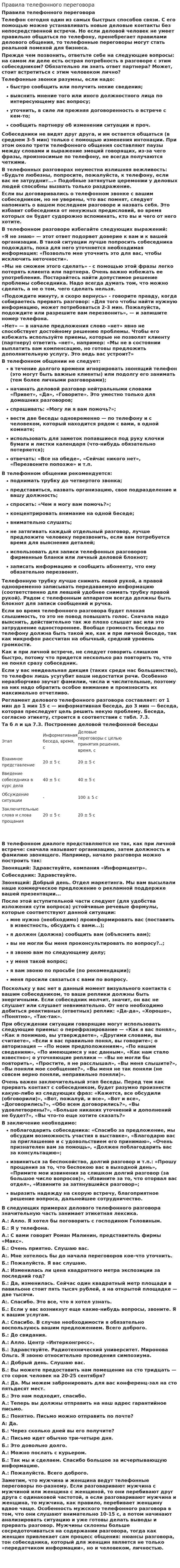 Правила телефонного переговора