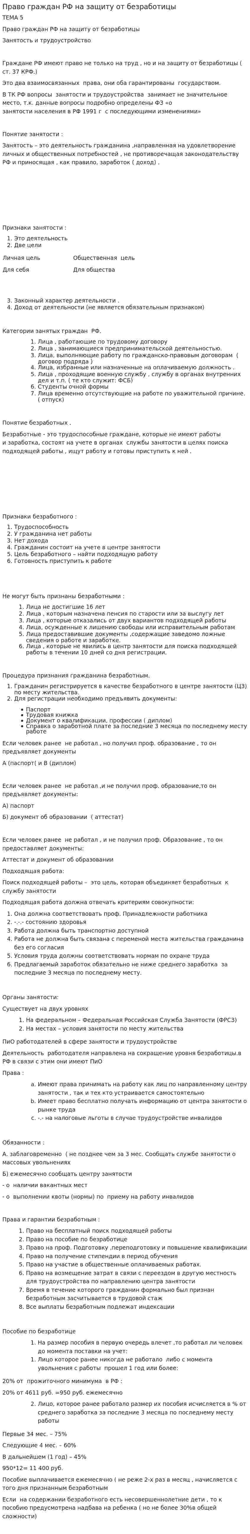 Право граждан РФ на защиту от безработицы