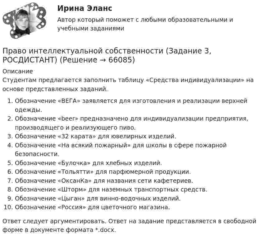      
            Описание
            Студентам предлагается заполнить таблицу «Средства индивидуализации» на основе представленных заданий. Обозначение «ВЕГА» заявляется для изготовления и реализации верхней одежды. Обозначение «beer» предназначено для индивидуализации предприятия, производящего и реализующего пиво. Обозначение «32 карата» для ювелирных изделий. Обозначение «На всякий пожарный» для школы в сфере пожарной безопасности. Обозначение «Булочка» для хлебных изделий. Обозначение «Тольятти» для парфюмерной продукции. Обозначение «ОксанКа» для названия сети кафетериев. Обозначение «Шторм» для наземных транспортных средств. Обозначение «Цыган» для винно-водочных изделий. Обозначение «Россия» для цветочного магазина. Ответ следует аргументировать. Ответ на задание представляется в свободной форме в документе формата *.docx.   
            
            
            Право интеллектуальной собственности (Задание 2, РОСДИСТАНТ)Право интеллектуальной собственности (Задание 3, РОСДИСТАНТ)Право интеллектуальной собственности итоговый тест Право интеллектуальной собственности итоговый тест Право интеллектуальной собственности. Итоговый тест. Росдистант.Право интеллектуальной собственности итоговый тест/Сибупк Право интеллектуальной собственности, ККР, РОСДИСТАНТ, Практикум 1, 2Право интеллектуальной собственностиПраво интеллектуальной собственностиПраво интеллектуальной собственности (1/1) ММУ 2024гПраво интеллектуальной собственности (51 вопрос)ПРАВО ИНТЕЛЛЕКТУАЛЬНОЙ СОБСТВЕННОСТИ. вар 3право интеллектуальной собственности витте вариант 1Право интеллектуальной собственности -- задание 1-2-3-4