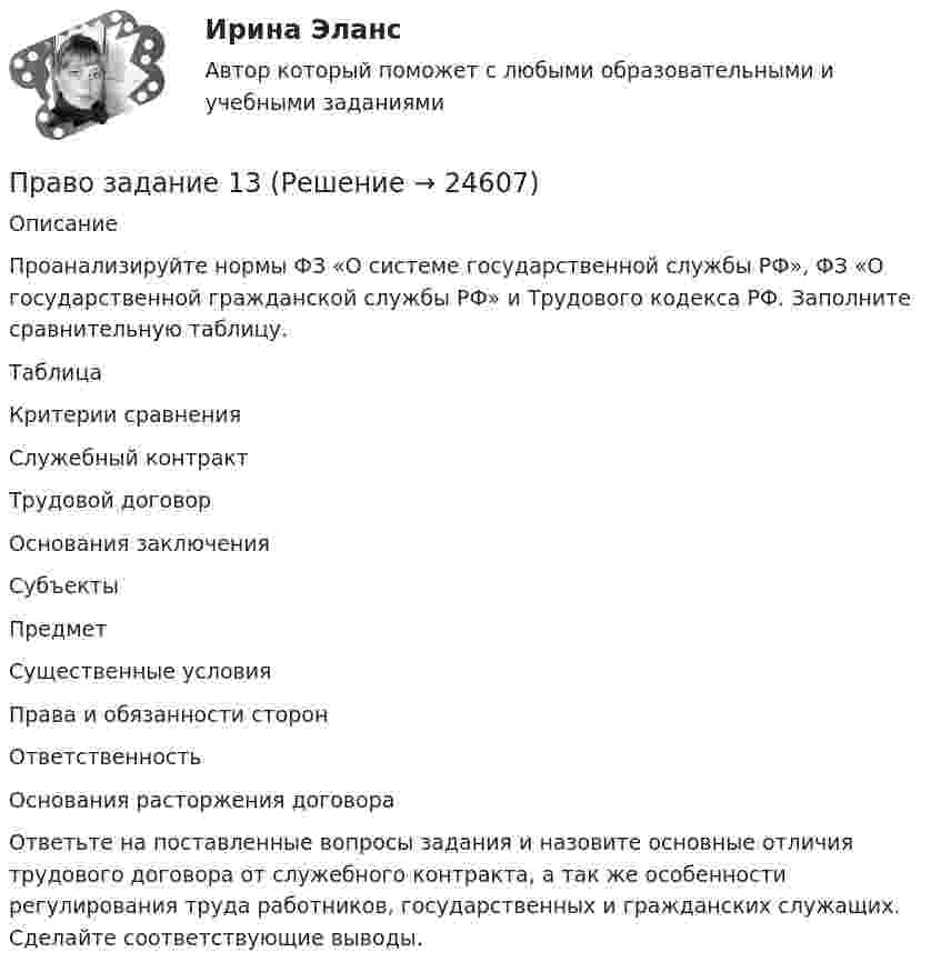     
          Описание
           	Проанализируйте нормы ФЗ «О системе государственной службы РФ», ФЗ «О государственной гражданской службы РФ» и Трудового кодекса РФ. Заполните сравнительную таблицу.	Таблица   Критерии сравнения Служебный контракт Трудовой договор   Основания заключения     Субъекты     Предмет     Существенные условия     Права и обязанности сторон     Ответственность     Основания расторжения договора     	Ответьте на поставленные вопросы задания и назовите основные отличия трудового договора от служебного контракта, а так же особенности регулирования труда работников, государственных и гражданских служащих. Сделайте соответствующие выводы.  
            
            
            Право задание 11Право задание 13Право -ЗАДАНИЕ К ТЕМЕ 4, Задание к теме 6, Задание к теме 11право задачаПраво интеллектуальной собственностиПраво интеллектуальной собственностиПраво интеллектуальной собственности (1/1) ММУ 2024гПравовые проблемы противодействия коррупции (тест с ответами Синергия/МОИ/ МТИ /МОСАП)Правовые формы борьбы с коррупцией, экстремизмом и терроризмом (тест с ответами ММА/ИДО)Правовые формы борьбы с терроризмом и экстремизмом. Вариант 1Правовые формы борьбы с терроризмом и экстремизмом. Вариант 2Правовые формы борьбы с терроризмом и экстремизмом. Вариант 3Правовые формы борьбы с терроризмом и экстремизмом. Вариант 4Правовыми последствиями, связанными с вынесением обвинительного приговора, является ...