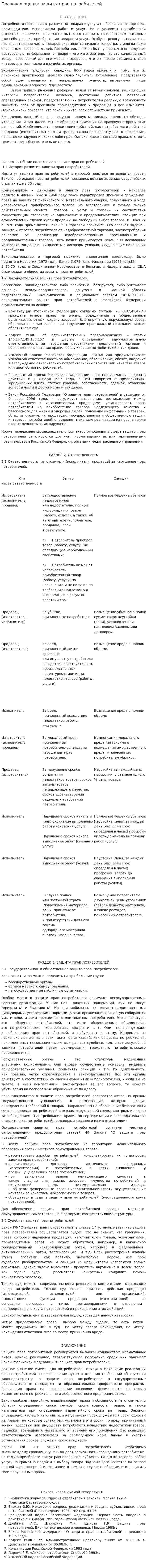 Правовая оценка защиты прав потребителей