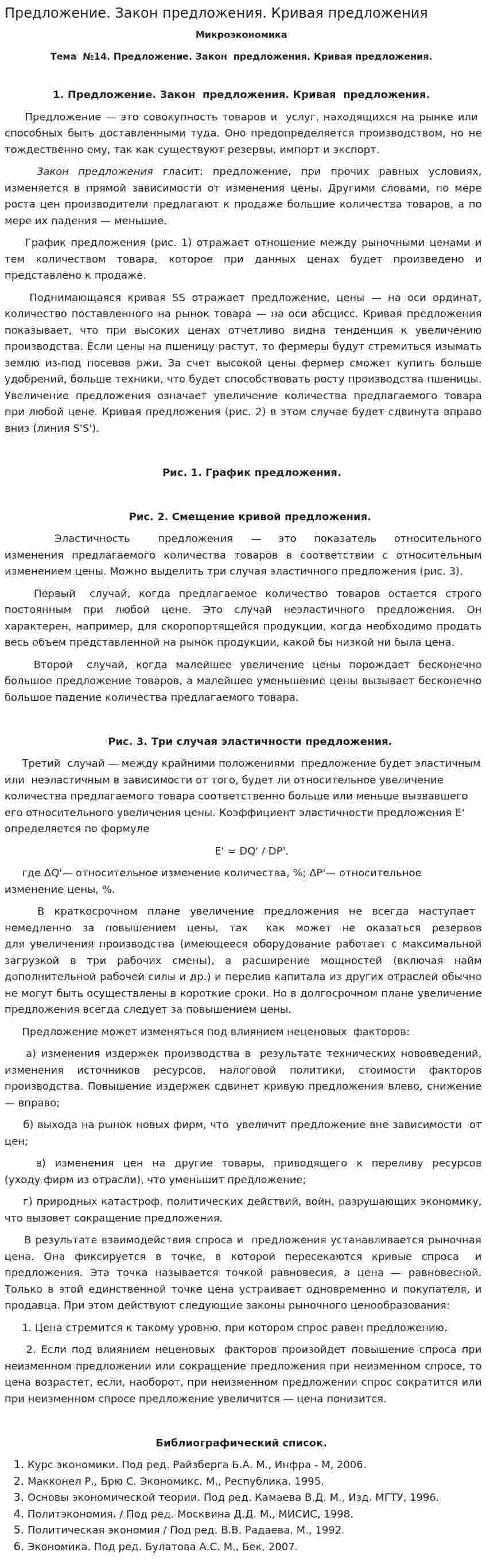 Предложение. Закон предложения. Кривая предложения