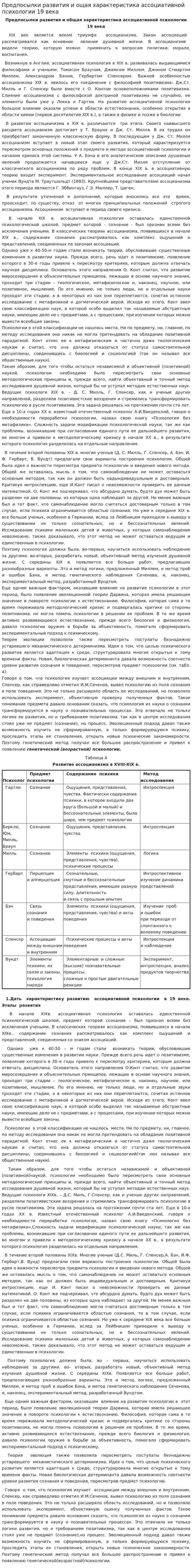 Предпосылки развития и ощая характеристика ассоциативной психологии 19 века