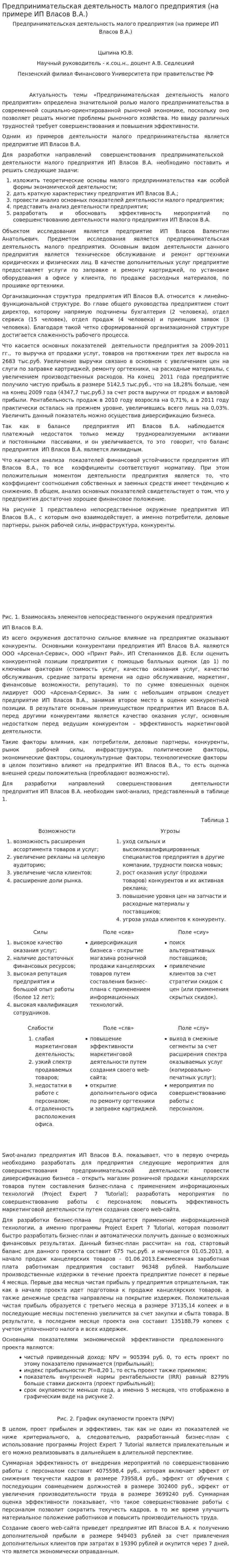 Предпринимательская деятельность малого предприятия (на примере ИП Власов В.А.)