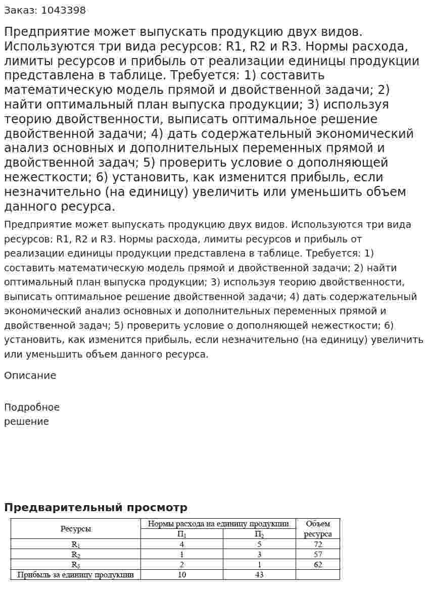Предприятие может выпускать продукцию двух видов. Используются три вида ресурсов: R1, R2 и R3. Нормы расхода, лимиты ресурсов и прибыль от реализации единицы продукции представлена в таблице.  Требуется:  1) составить математическую модель прямой и двойственной задачи;  2) найти оптимальный план выпуска продукции;  3) используя теорию двойственности, выписать оптимальное решение двойственной задачи;  4) дать содержательный экономический анализ основных и дополнительных переменных прямой и двойственной задач;  5) проверить условие о дополняющей нежесткости;  6) установить, как изменится прибыль, если незначительно (на единицу) увеличить или уменьшить объем данного ресурса. 