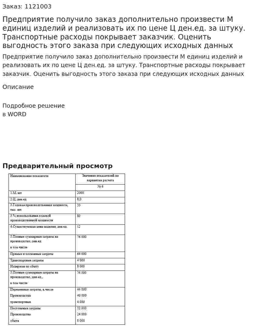 Предприятие получило заказ дополнительно произвести М единиц изделий и реализовать их по цене  Ц ден.ед. за штуку. Транспортные расходы покрывает заказчик. Оценить выгодность  этого заказа при следующих исходных данных 
