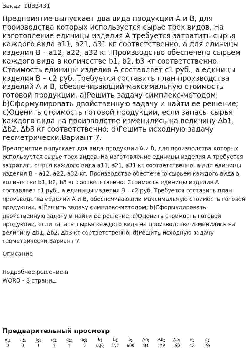 Предприятие выпускает два вида продукции A и B, для производства которых используется сырье трех видов. На изготовление единицы изделия A требуется затратить сырья каждого вида a11, a21, a31 кг соответственно, а для единицы изделия B  –  a12, a22, a32 кг. Производство обеспечено сырьем каждого вида в количестве b1, b2, b3 кг соответственно. Стоимость единицы изделия A составляет c1 руб., а единицы изделия B  – c2 руб. Требуется  составить план производства изделий A и B, обеспечивающий максимальную стоимость готовой продукции. a)Решить задачу симплекс-методом; b)Сформулировать двойственную задачу и найти ее решение; c)Оценить стоимость готовой продукции, если запасы  сырья каждого вида на производстве изменились на величину Δb1, Δb2, Δb3 кг соответственно; d)Решить исходную задачу геометрически.Вариант 7. 