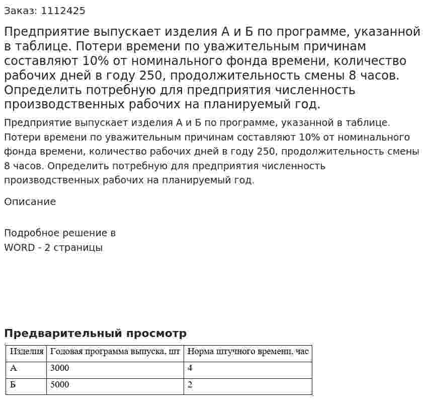Предприятие выпускает изделия  А и Б по программе, указанной в таблице. Потери времени по уважительным причинам составляют 10% от номинального фонда времени, количество рабочих дней в году 250, продолжительность смены 8 часов. Определить потребную для предприятия численность производственных рабочих на планируемый год. 