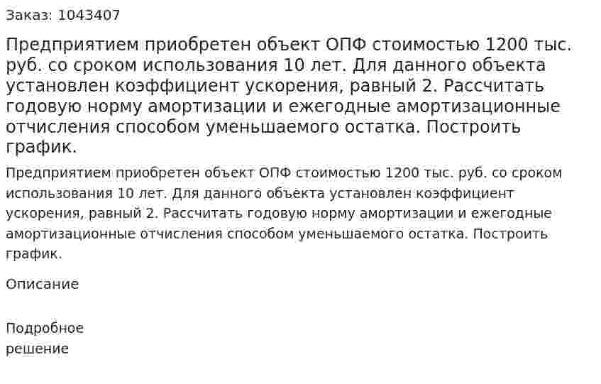 Предприятием приобретен объект ОПФ стоимостью 1200 тыс. руб. со сроком использования 10 лет. Для данного объекта установлен коэффициент ускорения, равный 2. Рассчитать годовую норму амортизации и ежегодные амортизационные отчисления способом уменьшаемого остатка. Построить график. 
