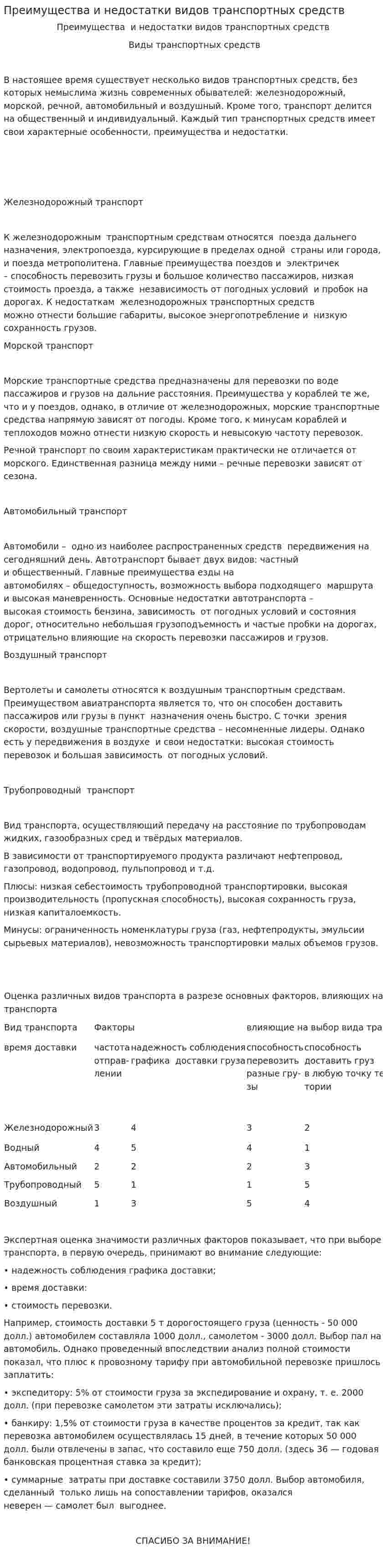 Преимущества и недостатки видов транспортных средств