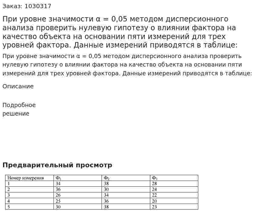 При уровне значимости α = 0,05 методом дисперсионного анализа проверить нулевую гипотезу о влиянии фактора на качество объекта на основании пяти измерений для трех уровней фактора. Данные измерений приводятся в таблице:  