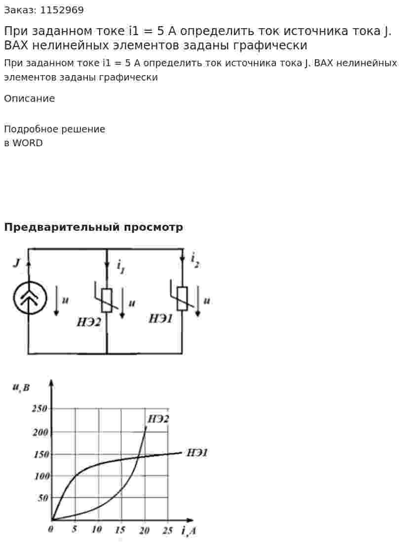 При заданном токе i1 = 5 А определить ток источника тока J. ВАХ нелинейных элементов заданы графически 
