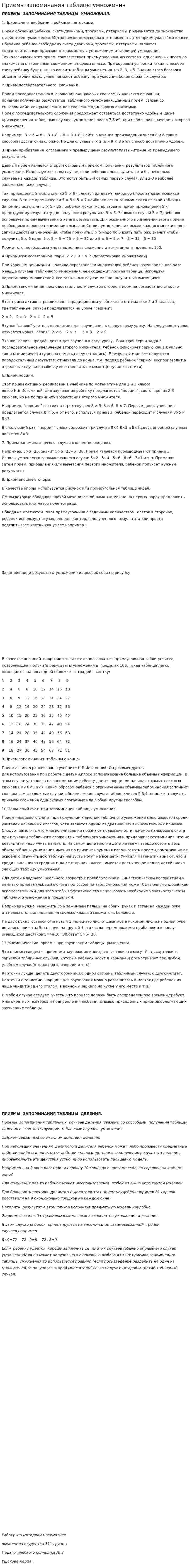 Приемы запоминания таблицы умножения