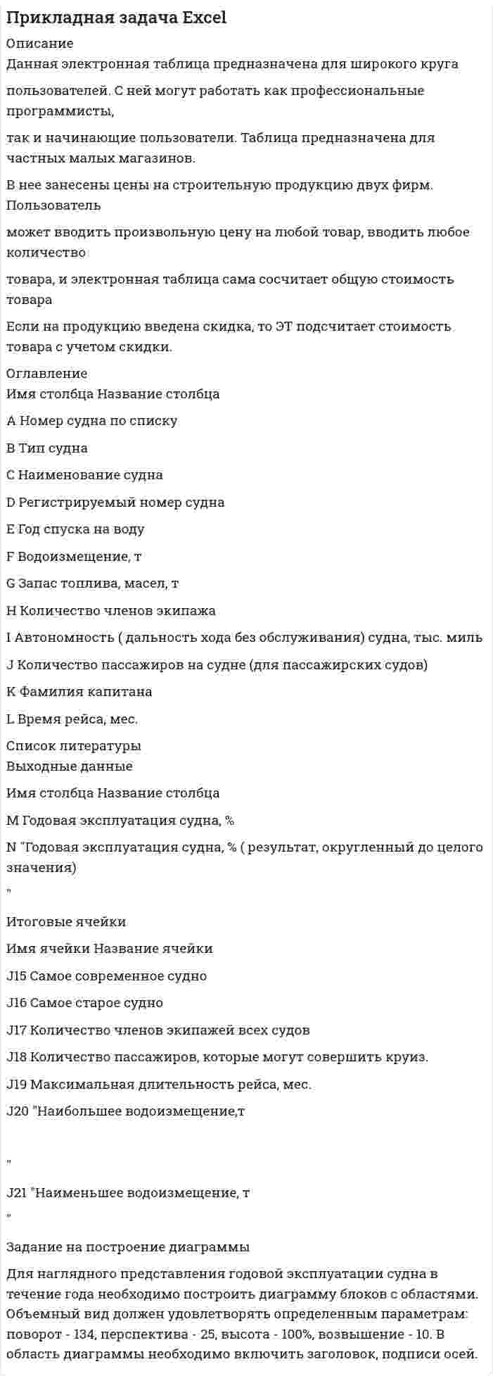      
          Описание
          Данная электронная таблица является журналом, в котором содержатся итоговые результаты. С ее помощью можно определить успеваемость (средние баллы) каждого студента         По данным таблицы можно сделать выводы об общей успеваемости всей группы.        Входные данные Имя столбца Название столбцаA Порядковый номер студентаB ФамилияC Оценка по алгебреD Оценка по геометрииE Оценка по литературеF Оценка по биологииG Оценка по географииH Оценка по физикеI Оценка по химииJ Оценка по английскому языку K Оценка по информатикеL Оценка по физкультуреM Оценка по историиN Оценка по обществознаниюO Оценка по экономикеP Оценка по мировой культуреQ Оценка по ОБЖ 
          Оглавление
          Выходные данные Имя столбца Название столбцаR Средний баллS Округленный до десятых средний баллT Округленный до целых средний балл  Итоговые ячейки Имя ячейки Название ячейкиC22:Q22 Средние баллы по предметуC23:Q23 Количество 5 по предметуC24:Q24 Количество 4 по предметуC25:Q25 Количество 3 по предметуJ31 Средний балл учащихся J32 Количество учащихся, которые имеют средний балл 5 J33 Количество учащихся, которые имеют средний балл 4 J34 Количество учащихся, которые имеют средний балл 3  Задание на построение диаграммы Для наглядного представления качества знаний по каждому предмету построить круговую диаграмму средних баллов (целых). Круговая диаграмма должна отражать вклад каждого значения в общую сумму. Включить в подписи данных доли, легенду разместить внизу.  
          Список литературы
          Выходные данные Имя столбца Название столбцаR Средний баллS Округленный до десятых средний баллT Округленный до целых средний балл  Итоговые ячейки Имя ячейки Название ячейкиC22:Q22 Средние баллы по предметуC23:Q23 Количество 5 по предметуC24:Q24 Количество 4 по предметуC25:Q25 Количество 3 по предметуJ31 Средний балл учащихся J32 Количество учащихся, которые имеют средний балл 5 J33 Количество учащихся, которые имеют средний балл 4 J34 Количество учащихся, которые имеют средний балл 3  Задание на построение диаграммы Для наглядного представления качества знаний по каждому предмету построить круговую диаграмму средних баллов (целых). Круговая диаграмма должна отражать вклад каждого значения в общую сумму. Включить в подписи данных доли, легенду разместить внизу. 
            
            
            Прикладная задача Excel . 2Прикольный сайт криптовалютыПри комптоновском рассеянии рассеянный квант отлетел под углом 6При малых колебаниях математического маятника длиной 0,8 м максимальная скорость движения груза 9,5 м/c. Применение наказаний по УК РФПри минерализации 100 г биологического объекта общим методом получен минерализат объемом 200 мл. Качественный анализ минерализата дробным методом показал наличие катионов свинца. Рассчитать количественное содержание катионов свинца (г) в При минерализации 100 г печени получен минерализат объемом 200 мл. Качественный анализ минерализата дробным методом показал наличие катионов бария. Рассчитать количественное содержание катионов бария (мг) в биологическом объекте (100 г) При исследовании источника опорного напряжения с номинальным значением 4,000 В, получен ряд независимых измерений.При какой минимальной толщине пленки на объективе фотоаппарата с показателем преломления 1,3 будет максимально пропущен свет длиной вол-ны 0,68 мкм? При какой температуре будет замерзать раствор 13,8 г этанола С2Н5ОН (Мr = 46) в 0,2 дм3 воды (Ккр = 1,86)? 1) 0,28 °С; 2) 2,79 °С; 3) –0,28 °С; 4) –13,9 °С; 5) –2,79 °С.При какой температуре осмотическое давление раствора, содержащего 18,6 г анилина C₆H₅NH₂ в 3 л раствора, достигнет 2,84⋅10⁵ Па.При каком давлении длина свободного пробега молекул водорода, находящегося при температуре 127 °С, равна 0,1 мм, если при нормальных условиях она составляет 1,6∙10-7 м?При каком значении потенциала между катодом и сеткой будет наблюдаться резкое падение анодного тока в опыте Франка и Герца, если трубку заполнить атомарным водородом.При каком напряжении по серебряному проводу длиной 250 м с попе-речным сечением 0,2 мм2 пойдет ток 2 А? Удельное сопротивление серебра 1,6. 10–8 (Ом·м).