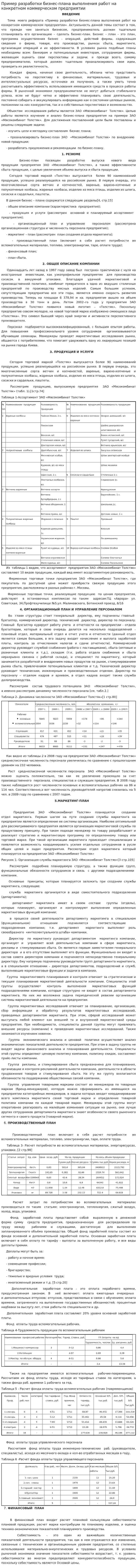 Пример разработки бизнес-плана выполнения работ на конкретном коммерческом предприятии