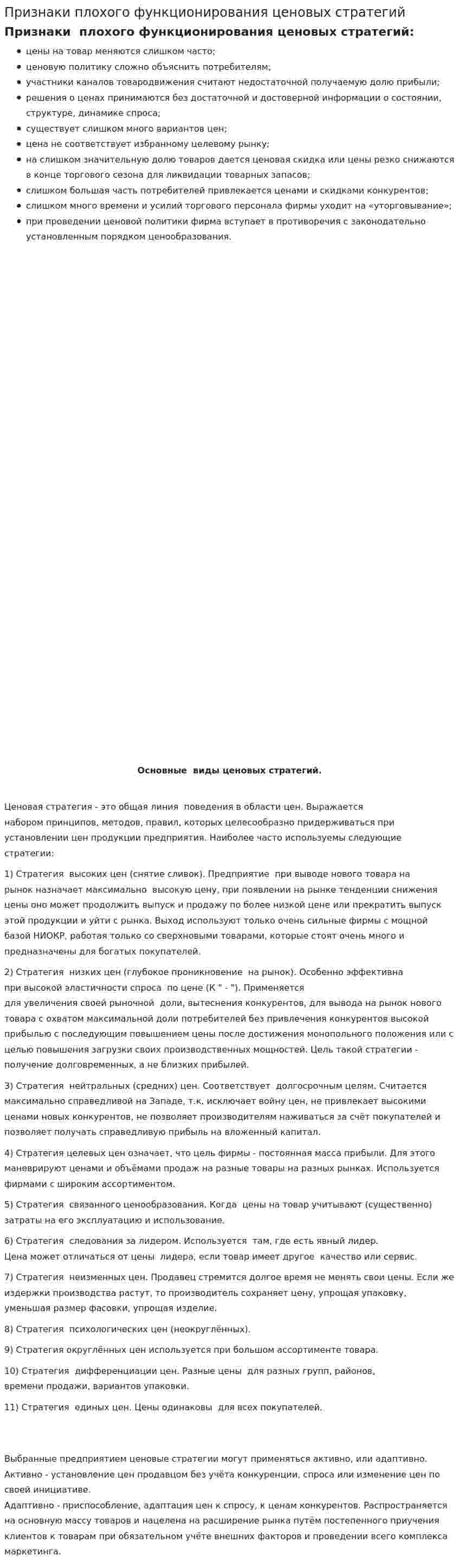 Признаки плохого функционирования ценовых стратегий