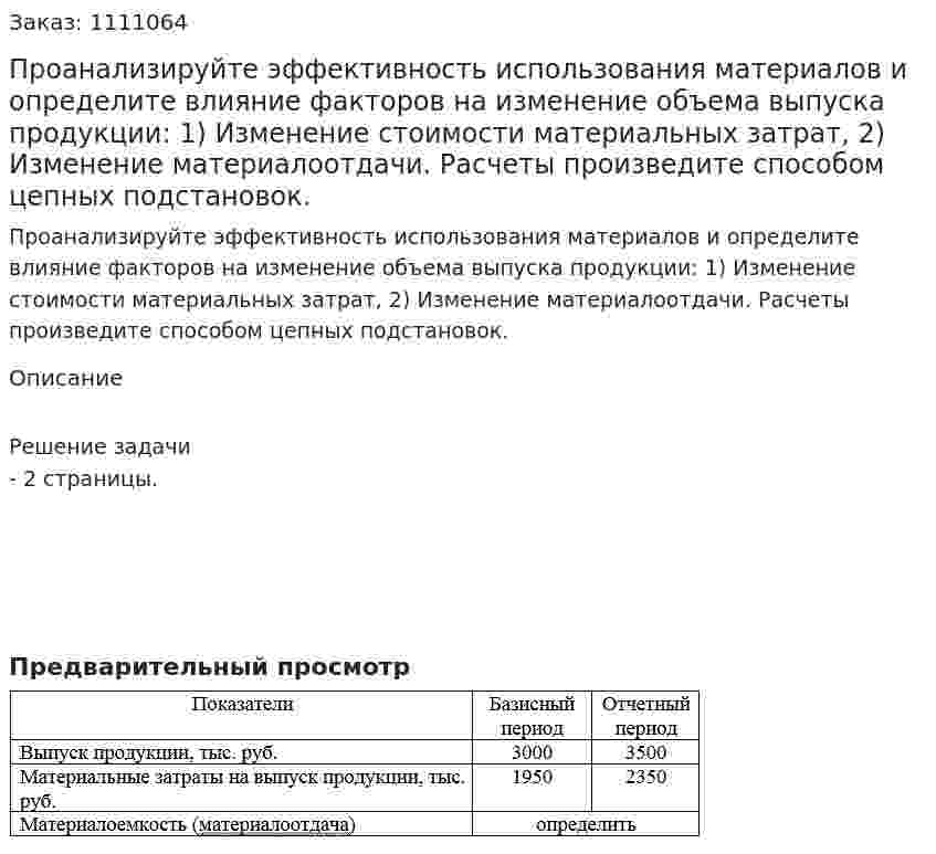Проанализируйте эффективность использования материалов и определите влияние факторов на изменение объема выпуска продукции: 1)	Изменение стоимости материальных затрат, 2)	Изменение материалоотдачи. Расчеты произведите способом цепных подстановок. 