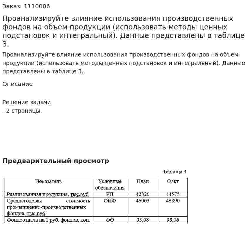 Проанализируйте влияние использования производственных фондов на объем продукции (использовать методы ценных подстановок и интегральный). Данные представлены в таблице 3. 