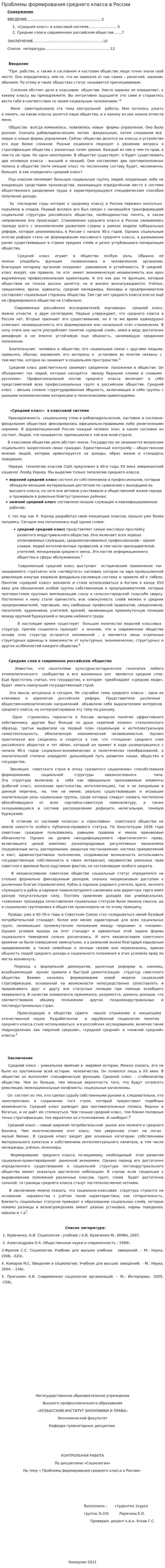 Проблемы формирования среднего класса в России