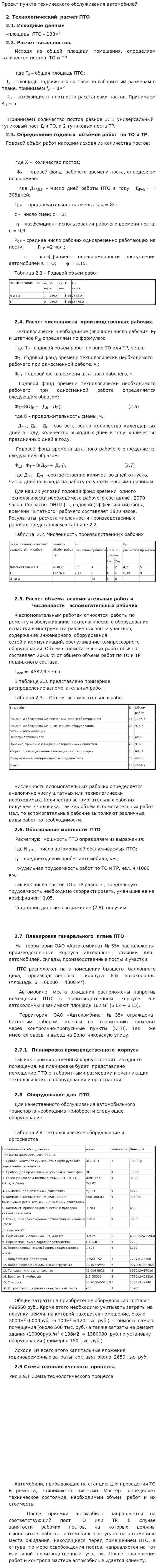 Проект пункта технического обслуживания автомобилей